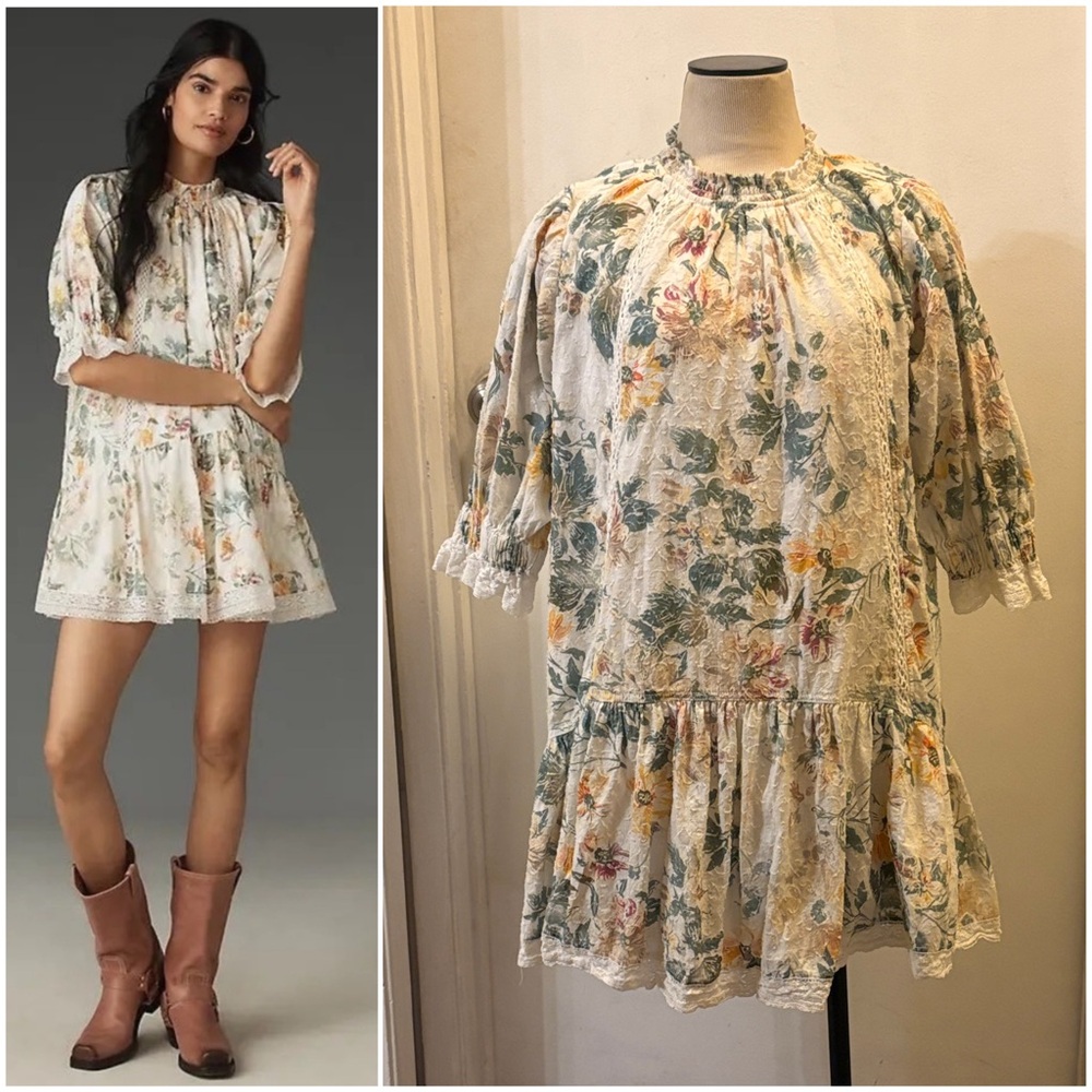 ANTHRO Pilcro 2-Pocket Mock Neck Cream Multi Floral Ruffle Hem Mini-Dress VGUC L